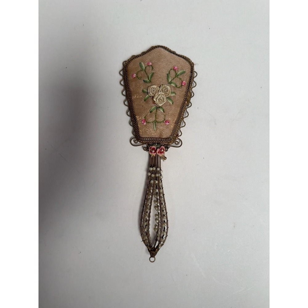 Victorian‎ Silk Ribbon Work Hand Mirror Floral Petit Point Beaded Handle